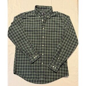 Lands End Men's Medium Blue Plaid No Iron Twill Button Down Cotton Dress Shirt